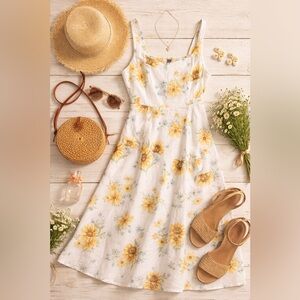 Old Navy Sunflower Linen Blend Smocked Midi Dress L Cottagecore Prairie Floral